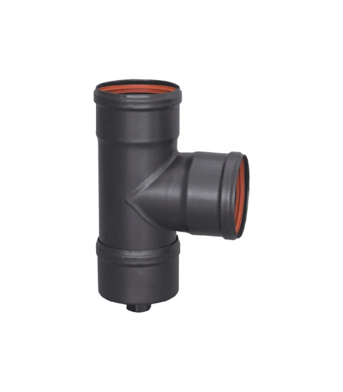 Te MHH con Tapón de Purga PRACTIC de 80mm para Chimenea Pellet Vitrificada esmaltada en Negro