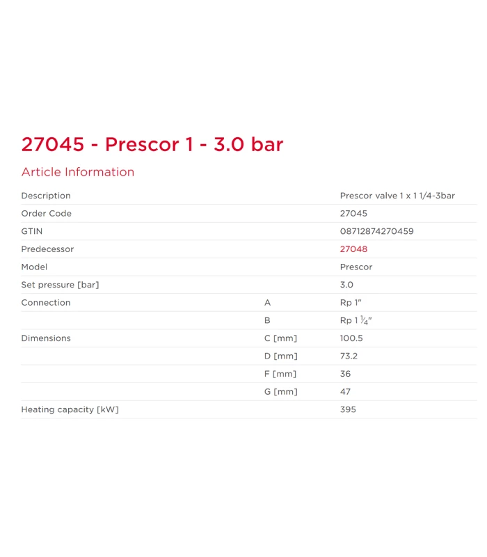 Válvula de Seguridad Prescor de 1" x 1 1/4" H-H Resistente al Calor para Calefacción y Refrigeración