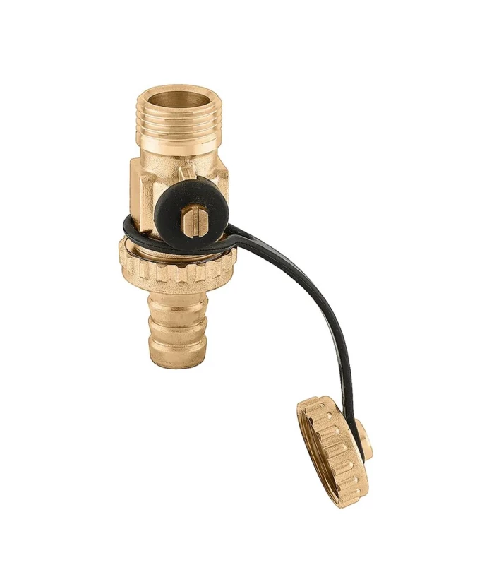 Grifo de descarga de caldera CALEFFI con conexión para manguera y tapón.