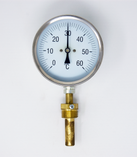 Termómetro Vertical con vaina de 1/2" y 45mm con cuerpo de 80mm metálico de 0-60ºC Termómetro Vertical con vaina de 1/2" y 45mm con cuerpo de 80mm metálico de 0-60ºC
