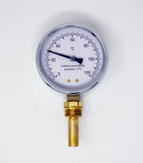 Termómetro Vertical con vaina de 1/2" y 45mm con cuerpo de 80mm metálico de 0-120ºC Termómetro Vertical con vaina de 1/2" y 45mm con cuerpo de 80mm metálico de 0-120ºC