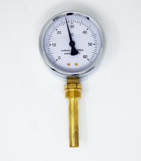 Termómetro Vertical con vaina de 1/2" y 70mm con cuerpo de 80mm metálico de 0-60ºC Termómetro Vertical con vaina de 1/2" y 70mm con cuerpo de 80mm metálico de 0-60ºC