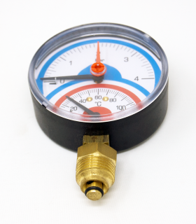Termomanómetro de Ø80mm y conexión Radial de 1/2". Medición de 0-4 bar y 0-120°C