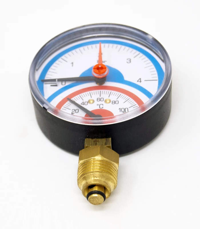 Termomanómetro de Ø80mm y conexión Radial de 1/2". Medición de 0-4 bar y 0-120°C