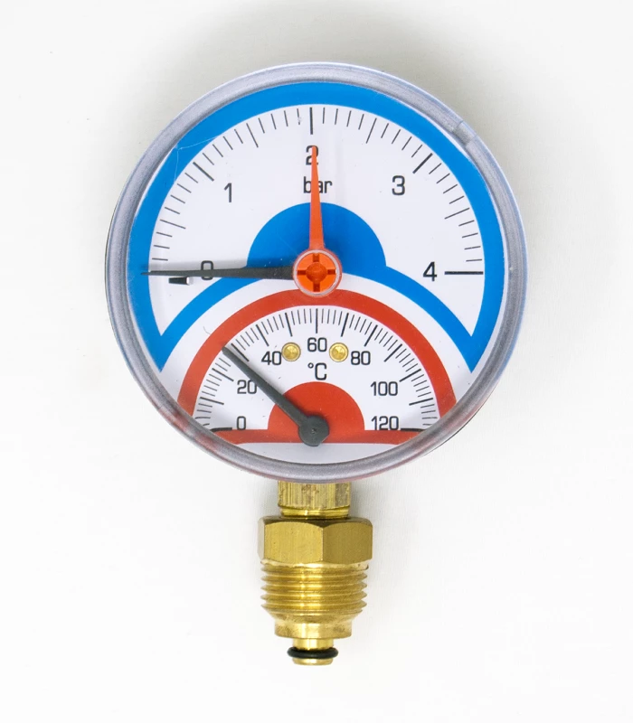Termomanómetro de Ø80mm y conexión Radial de 1/2". Medición de 0-4 bar y 0-120°C