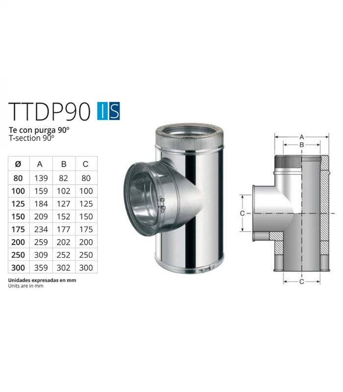 Te a 90º con Purga de Chimenea inoxidable BOFILL Doble Pared Aislada AiSi-304