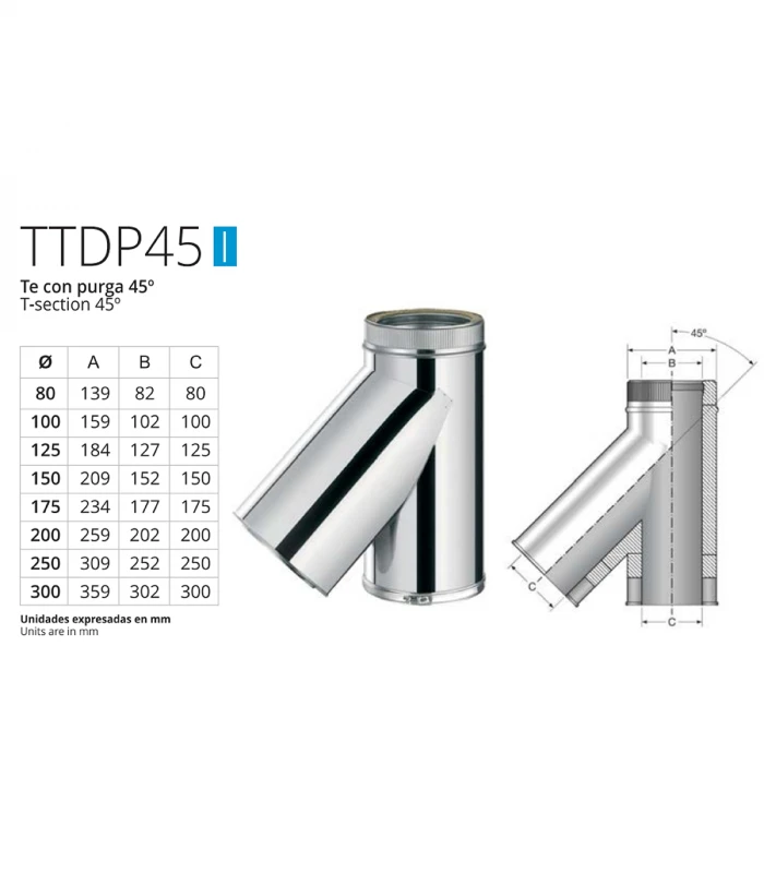 Te a 45º en "Y" de Chimenea inoxidable BOFILL Doble Pared Aislada AiSi-304