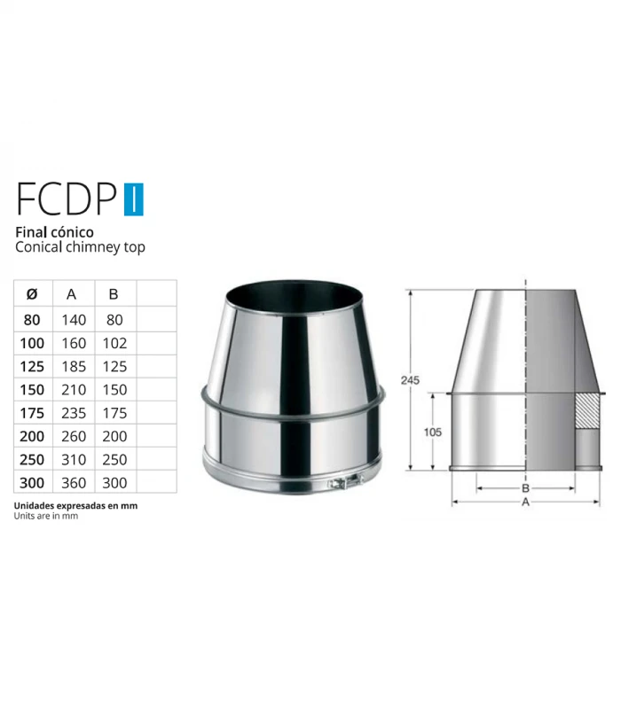 Sombrerete Final Cónico de Chimenea inoxidable BOFILL Doble Pared Aislada AiSi-304