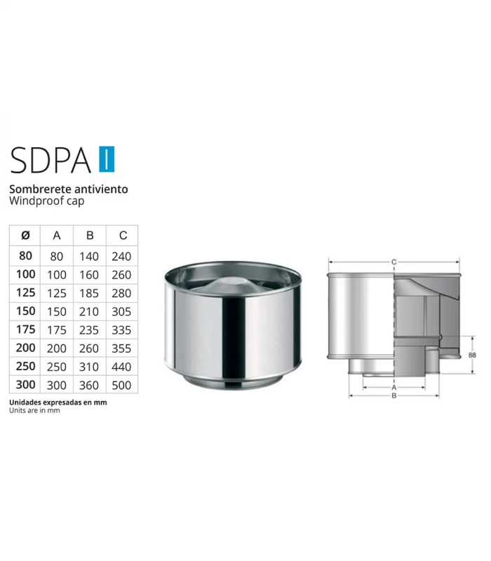 Sombrerete Antiviento de Chimenea inoxidable BOFILL Doble Pared Aislada AiSi-304