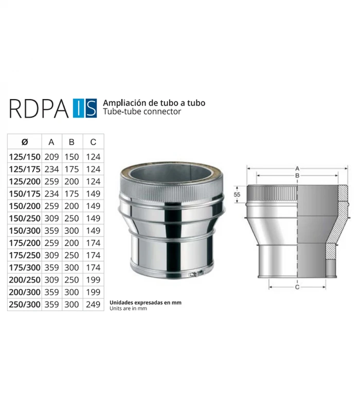Reducción Tubo - Tubo de 150 a 125mm para Chimenea inoxidable BOFILL Doble Pared Aislada AiSi-304