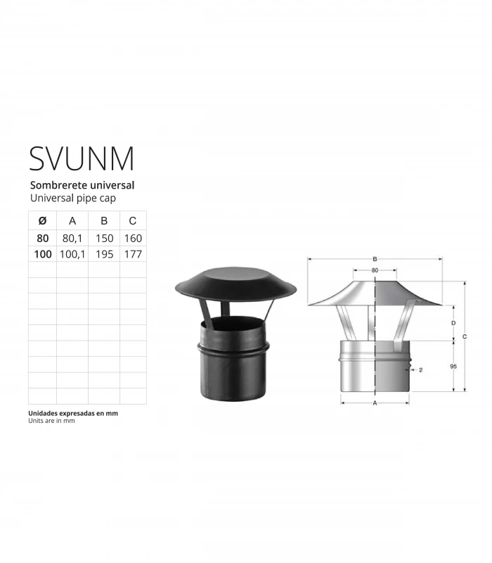 Sombrerete universal de 80mm para Chimenea Pellets BOFILL Simple Vitrificada Negra