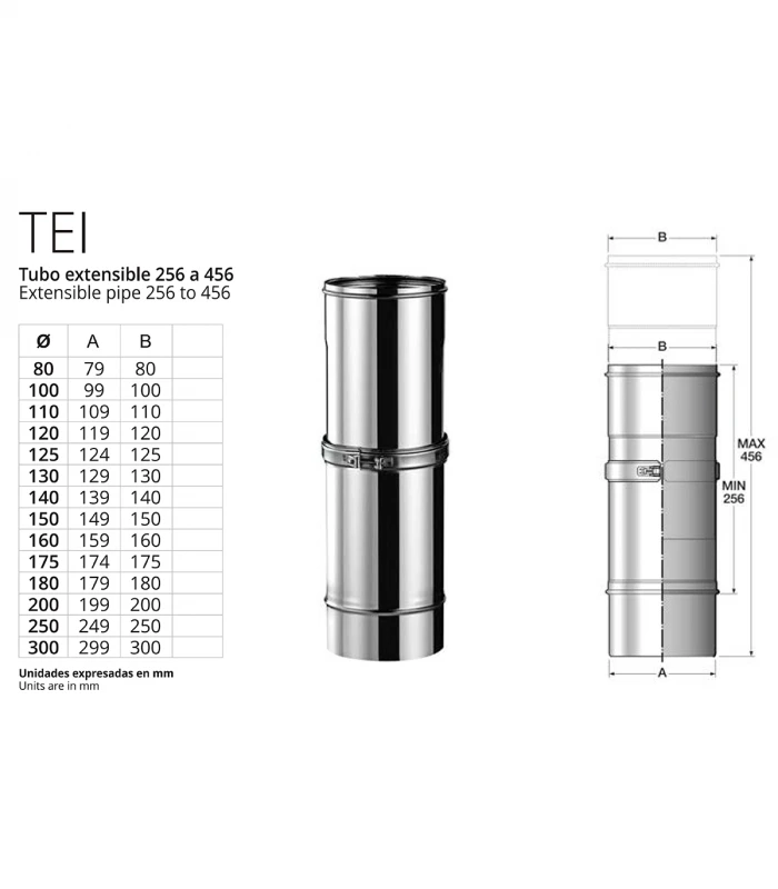 Tubería modular Extensible de 356-456mm para Chimenea inoxidable BOFILL Simple Pared AiSi-304
