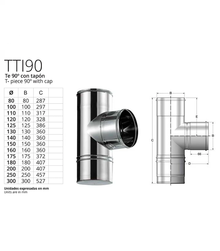 Te a 90º con tapa para Chimenea inoxidable BOFILL Simple Pared AiSi-304