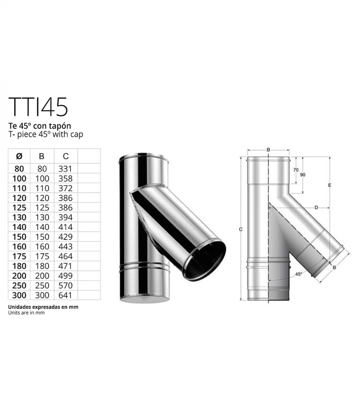 Te a 45º en "Y" con tapa para Chimenea inoxidable BOFILL Simple Pared AiSi-304